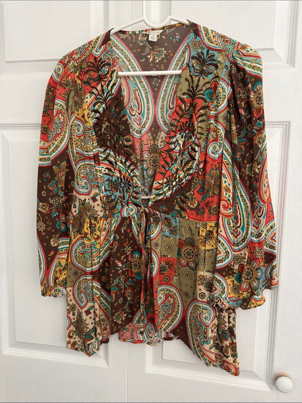 Cato Paisley Tie-Front Tunic in Brown, Red and Turquoise